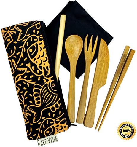 Bare Vida Bamboo Cutlery Set with Napkin & Pencil Case Eco Friendly Gift - Travel Cutlery - Perfect for Camping & Travelling - 100% Organic Bamboo