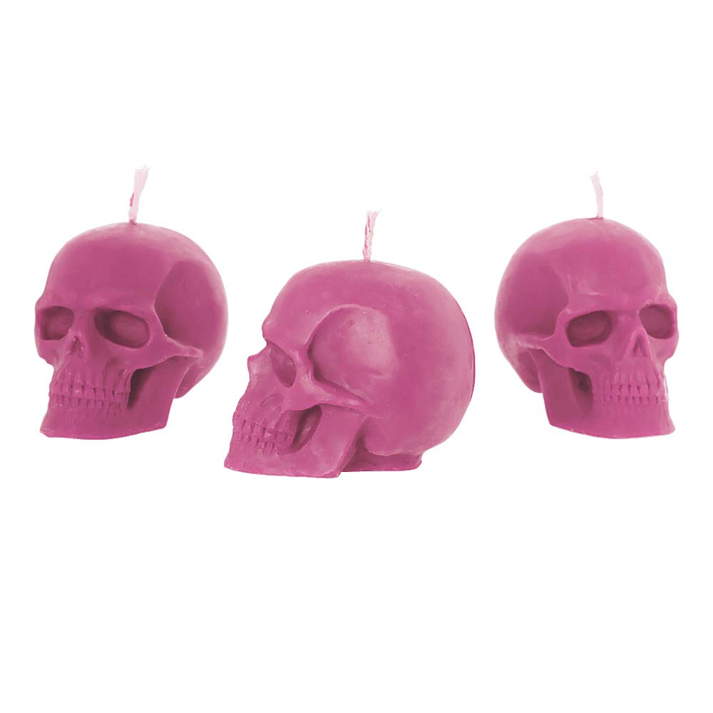 NKlaus 3X Gothic Skull Pink Beeswax Candle Set - Fragrance-Free - Halloween Ritual Candle
