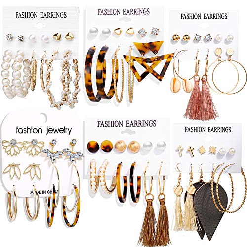 36 Pairs Fashion Tassel Earrings Set for Women Girls Bohemian Acrylic Hoop Stud Drop Dangle Earring Leather Leaf Earrings for Birthday/Party/Christmas/Friendship Gifts