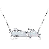 Bar Necklace for Women,S925 Sterling Silver White Opal Bar Necklace with Leaf Charm Bar Pendant Jewelry Gift for Mom Daughter Wife