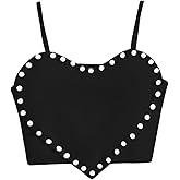 OYOANGLE Girl's Cute Pearl Beaded Spaghetti Strap Cami Top Asymmetrical Hem Slim Fit Crop Tops