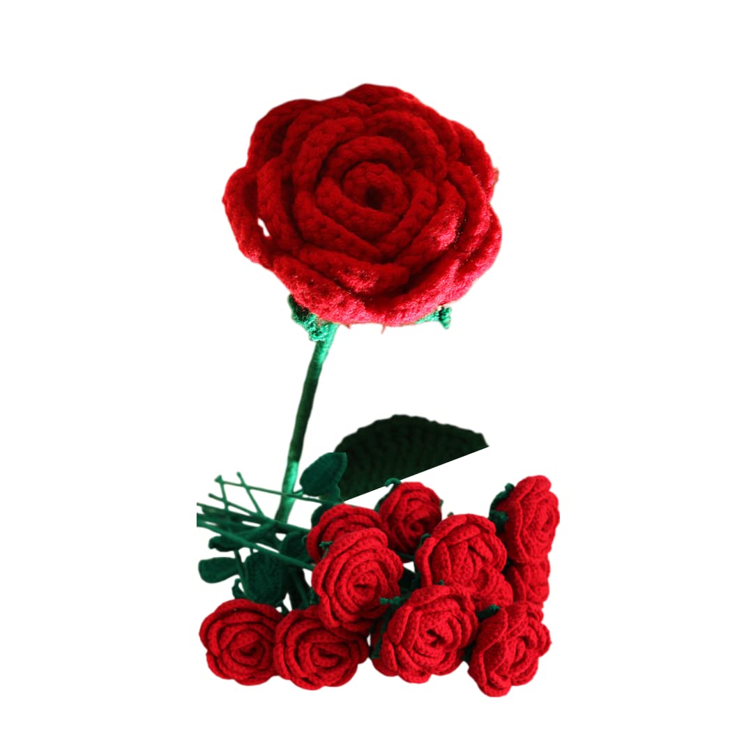 JOPOYOCO Crochet Flowers,1 Pcs Knitted Artificial Wool Red Rose for Mothers Day Wedding Bouquet Anniversary Valentine's Day Women's Day