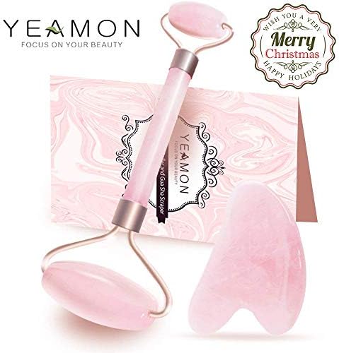 Anti Aging Natural Jade Roller for face and Gua Sha Scraping Massage Tool Set Therapy, 100% Natural Rose Quartz Facial Roller with Double Neck Slimming Massager (Pink Quartz)