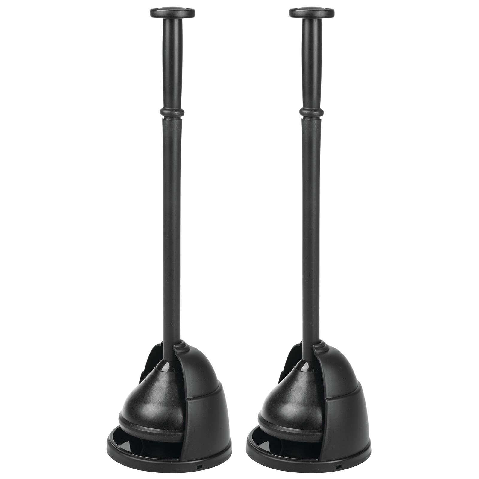 mDesign Plastic Toilet Bowl Plunger Set - with Drip Tray, Compact Discreet Freestanding Bathroom Storage Organization Caddy with Base, Sleek Modern Design - Heavy Duty, 2 Pack - Black