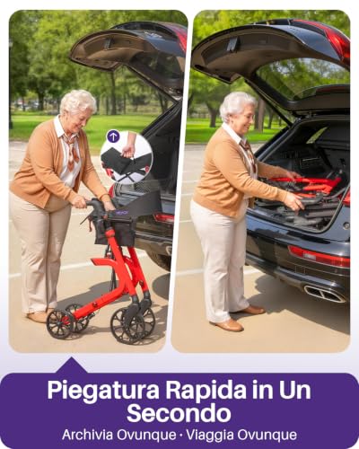 Kekoy Bariatrico Resistente Deambulatore per Anziani 4 Ruote, Pieghevole, 226 kg Portata, Sedile 50 cm Extra Largo, Ruote 25 cm Per Tutti I Terreni, Altezza Regolabile, Freni con Cavi Nascosti, Rosso