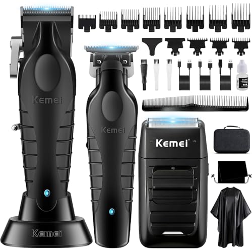 KEMEI Professional Men's Hair Clipper Cordless Hair Clipper with T Blade, Foil Razor, Electric Shaving and Cutting Kit with 11 Guide Combs