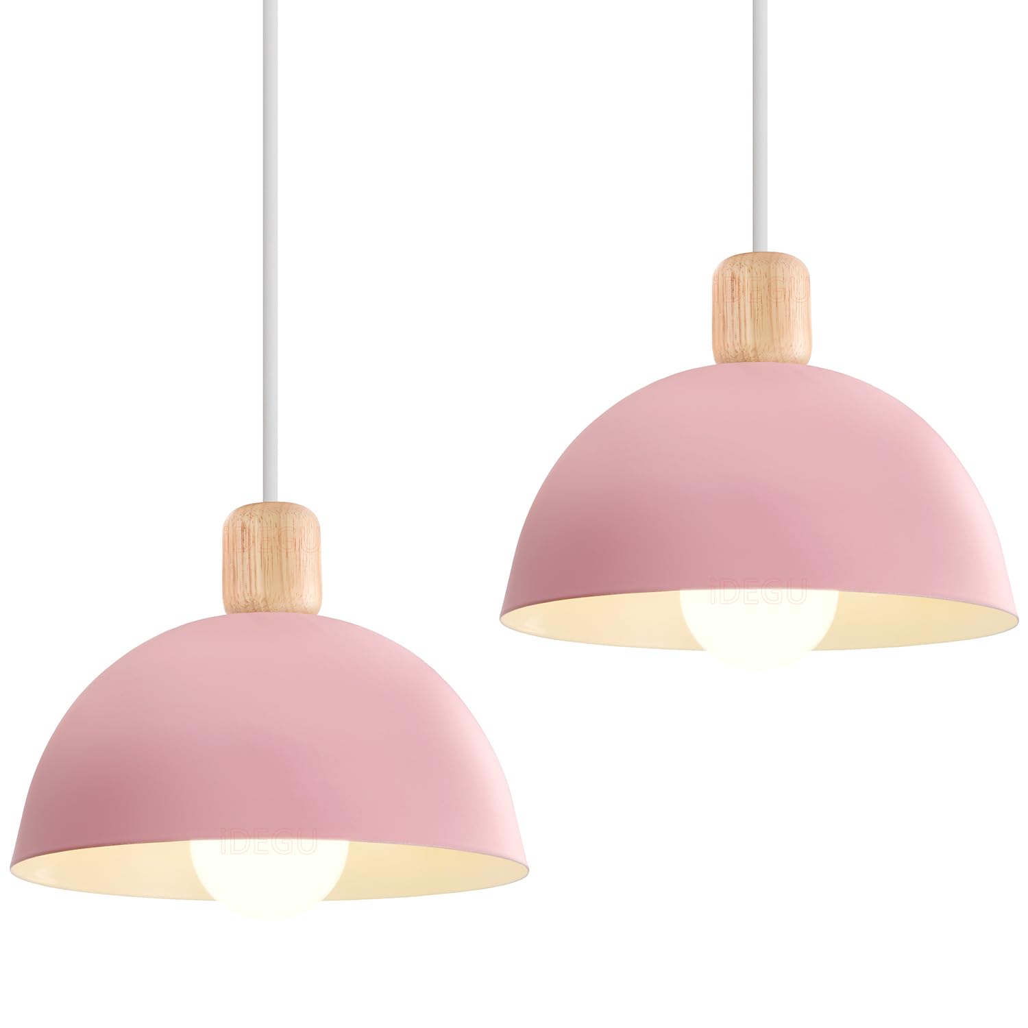 iDEGU Set of 2 Retro Pendant Light Fixtures E27 Ceiling Light Modern Scandinavian Style 20cm Hemisphere Hanging Lampshade Metal Wood Pendant Light for Bedroom Dining Room Kitchen Restaurant (Pink) — image 1