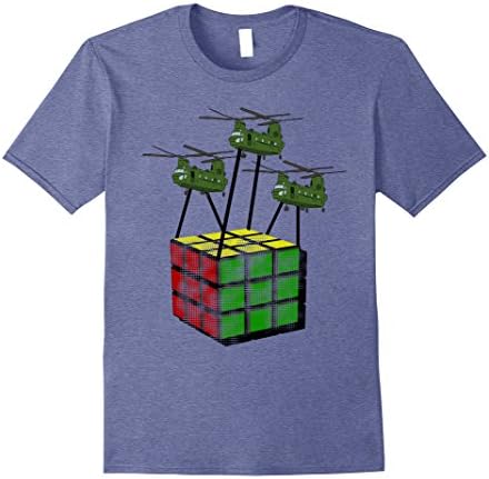 Mens Big Giant Rubik Attacked by Chinooks Helicopters  Fun Shirt Medium Heather Blue