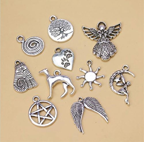 100pcs/lot Pendant Jewelry Antique Silver Love Dog Cat Wings Angel Fairy Goddess Pentacle Vortex Sun Mixed Charm Pendant DIY Charms Bead Accessories