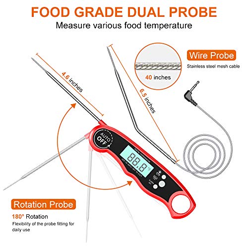 COMSOON Digital Meat Thermometer, Instant Read Cooking Thermometer with Dual Probe, Kitchen Food Thermometer with Alarm Setting, Backlight & Magnet for BBQ Grill Smoker Oven Oil Candy-Red