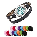 Aroma Essential Oil Diffuser Bracelet, LURICO Stainless Steel Aromatherapy Locket Bracelets with 16 Color Pads, Adjustable Leather Band with Jewelry Gift Box-Black