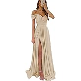 Wirunsy Women's Off Shoulder Prom Dresses A Line Corset Ruched Satin Bridesmaid Dress Long Formal Wedding Guest Party Gowns with Slit Champagne Size US4