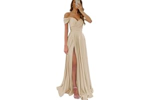 Wirunsy Women's Off The Shoulder Bridesmaid Dresses with Slit Satin Formal Gowns Long Prom Evening Party Dress with Pockets