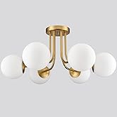 SHAWNKEY Modern Brushed Brass Gold 6-Light Ceiling Light with Globe White Glass Shade Semi Flush Mount Light Fixture for Dinn