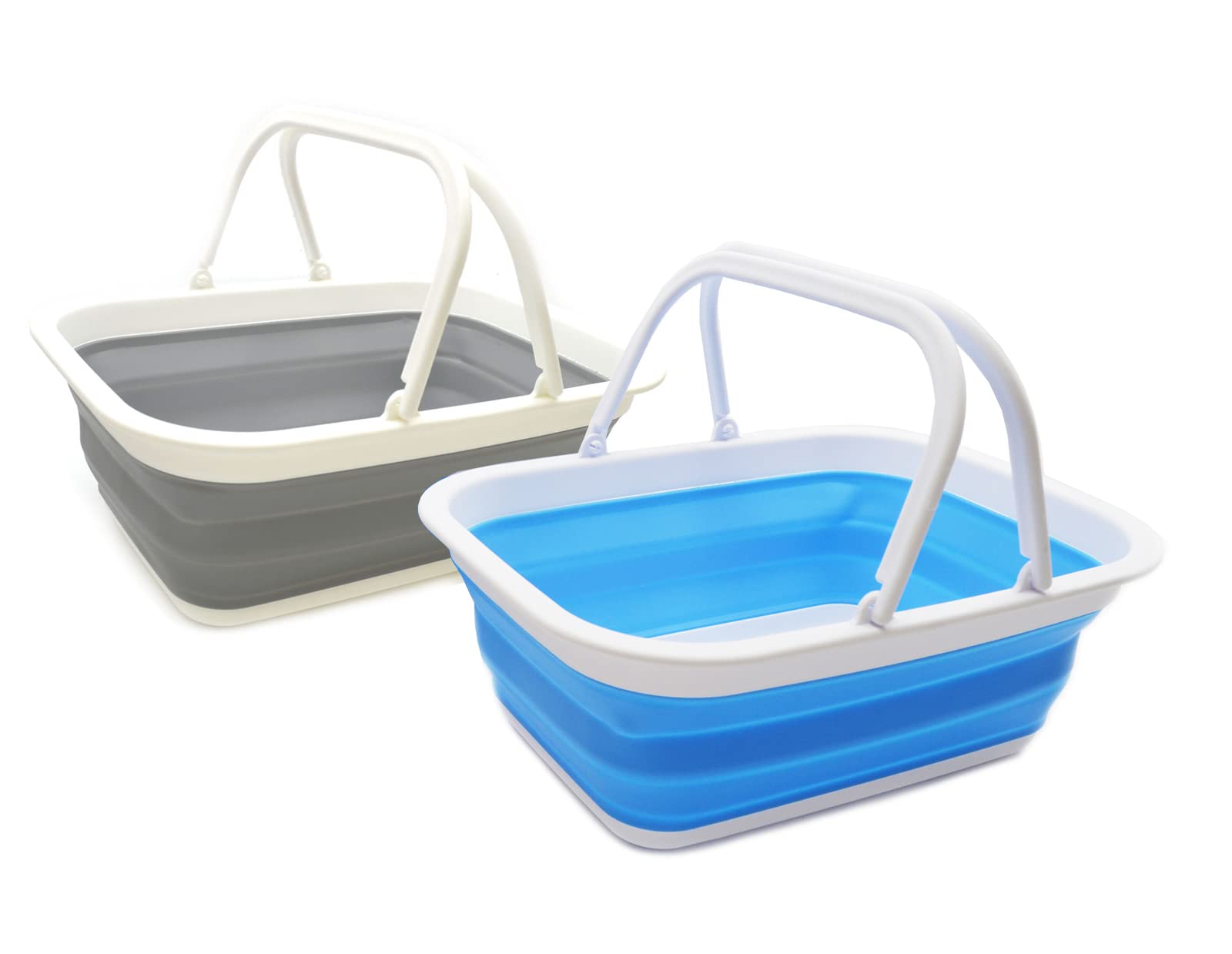 SAMMART 9.2L Collapsible Tub with Handle - Portable Outdoor Picnic Basket/Crater - Foldable Shopping Bag - Space Saving Storage Container (Grey & Marine Blue, 2)