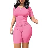 Lounge Wear Casual 2 Piece Outfits Sets for Women Skinny Crew Neck T-shirt High Waist Leggings Shorts Workout Set