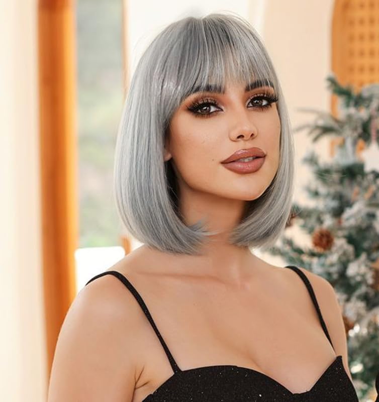 Colorfulpanda Short Silver Grey Bob Wigs for Women Silky Staight Synthetic Hai Wig with Fringe Heat Resistant Fiber for Cosplay Halloween Party/Everyday