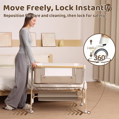 Baby Bassinet, Rocking Bedside Sleeper, Detachable & Portable Bassinet with 8-Level Height, Breathable Mesh, Storage Basket & Rotating Mobile Toy for Newborns Infant(Khaki)