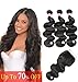 BILSTAL Brazilian Virgin Hair Body Wave Human Hair 3 Bundles with 4×4 Lace Closure 100% Unprocessed Hair Extensions Natural Color
