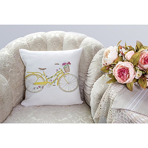 HGOD DESIGNS Bicycle Pillow Cover,Decorative Throw Pillow Bicycle with Flower Pillow cases Cotton Linen Outdoor Indoor Square Cushion Covers For Home Sofa couch 18x18 inch Yellow - Thumbnail 2