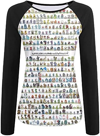 Weiding Lots and Lots of Little Cartoon Characters Women's Stretchy Long Sleeve Raglan Tshirt L