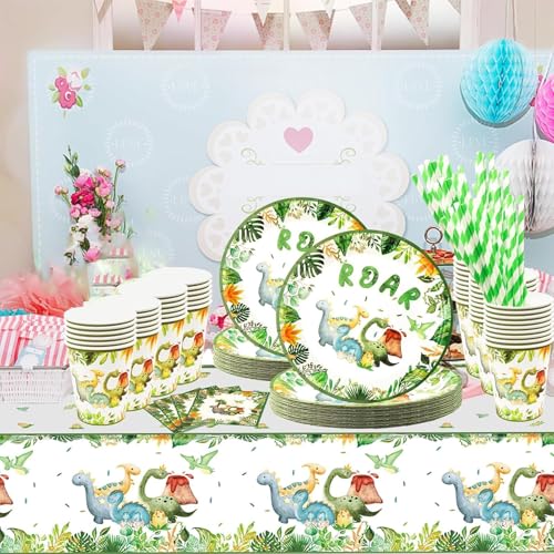 KASTWAVE 101 PCS Dinosaur Birthday Party Supplies for 20 Guests - Lunriwis Theme Party Decorations With Plates, Cups, and Napkins for Kids