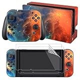 eXtremeRate Full Set Faceplate Skin Decal Stickers for Nintendo Switch with 2Pcs Screen Protector (Console & Joy-con & Dock & Grip) - Orange Star Universe