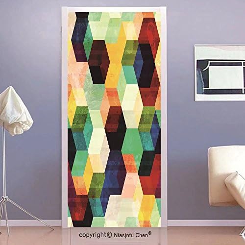 Niasjnfu Chen custom made 3d Door Wall Mural Wallpaper Vintage Rhombus Pattern Grunge Effect Hexagonal Pattern Colorful Geometric Mosaic Artwork Bedroom Living Room Dorm MulticolorFor Room Decor 30x79