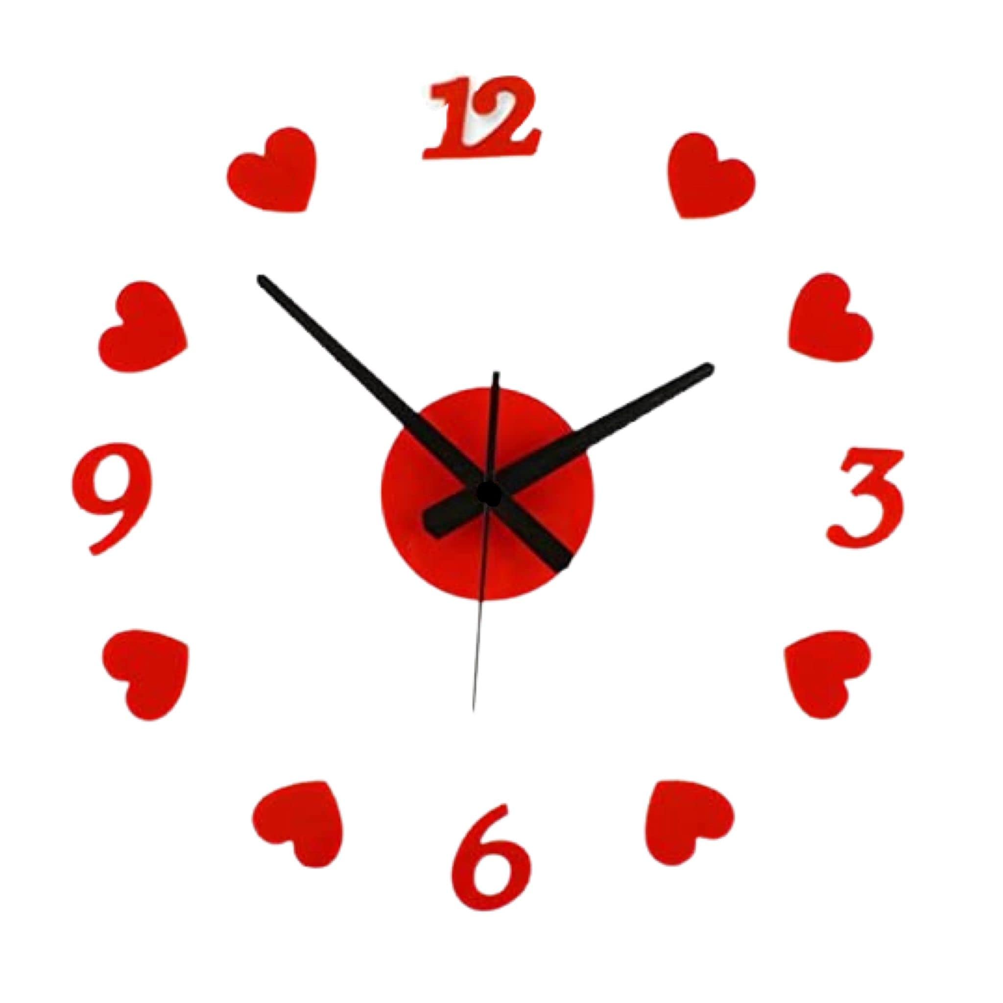 eBoutik - Modern Frameless Large Wall Clock - 3D Stickered Metal Numbers for Home or Office Decoration - Love Style Engagment, Wedding or Birthday Present - (Valentines Day Red Love Heart)