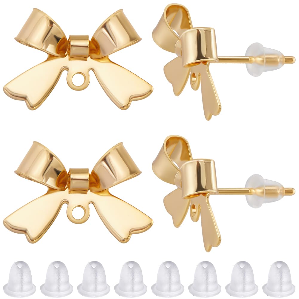 Beebeecraft 1 Box 30Pcs Bow Stud Earrings Findings 18K Gold Plated Brass Bowknot Earring Findings Posts with Loop and 60Pcs Ear Nuts for Dangle Earring Jewelry Making