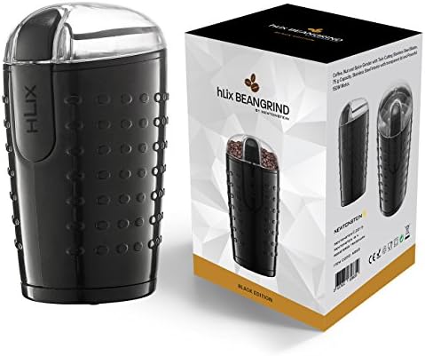 hLix BEANGRIND - Black - Coffee, Nut and Spice Grinder with Twin Cutting Stainless Steel Blades, 75 g Capacity, Stainless Steel Interior with transparent lid and Powerful 150W Motor.