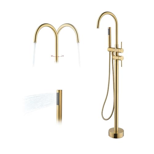 Freestanding Bathtub Faucet With Hand Shower Brushed Gold Tub Filler...