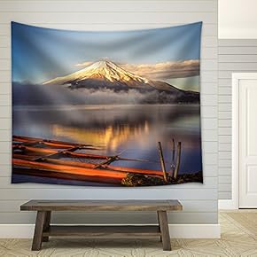 Mount Fuji Reflected in Lake Yamanaka at Dawn, Japan. - Fabric Wall Tapestry Home Decor - 51x60 inches