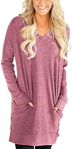 Kool Classic Womens Casual Long Sleeves Solid V-Neck Tunics Tops With Pockets Red XX-Large