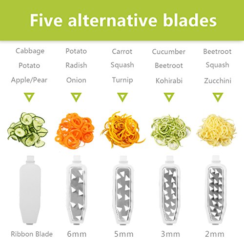 Spiral Slicer Domserv Kitchen Spiralizer 5 Stainless-Steel Blades Foldable Vegetable Slicer Strong Suction Base for Veggie Fruits Pasta & Noodle Maker with Peeler & Cleaning Brush, 2018 New Model