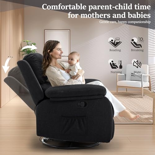 Korser Recliner Chair, 360 Swivel Rocker Chair for Adults, Small Rocking Recliner for Small Spaces, Upholstered Fabric Glider Recliner Nursery Chair with Side Pockets for Living Room, Nursery