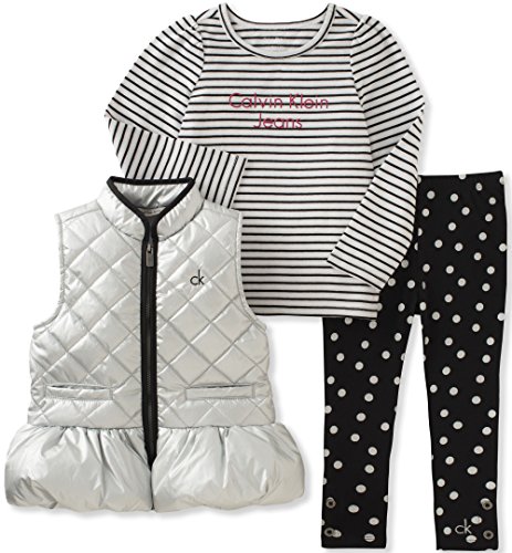 Calvin Klein Toddler Girls' 3 Pc Puffer Vest Set, Silver/Black, 3T