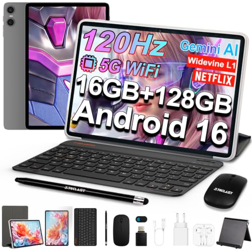 TECLAST P30T Android 16 Tablet 10.1 Zoll 120Hz Display, 10 Zubehör Tablets mit Tastatur+Hülle+Stift+Maus, 16GB RAM+128GB ROM(5TB TF), Octa-Core A75 Ge