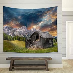 Shack on a Mountain Meadow - Sunset with Fields and Peaks. - Fabric Wall Tapestry Home Decor - 51x60 inches