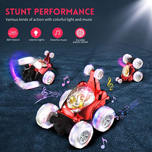 UTTORA Remote Control Car for Kids, RC Stunt Car with 360 ° Rolling Dancing Performance Colorful Lights and Dynamic Music Rechargeable 2.4Ghz RC Car Toy for Boys and Girls (Red)
