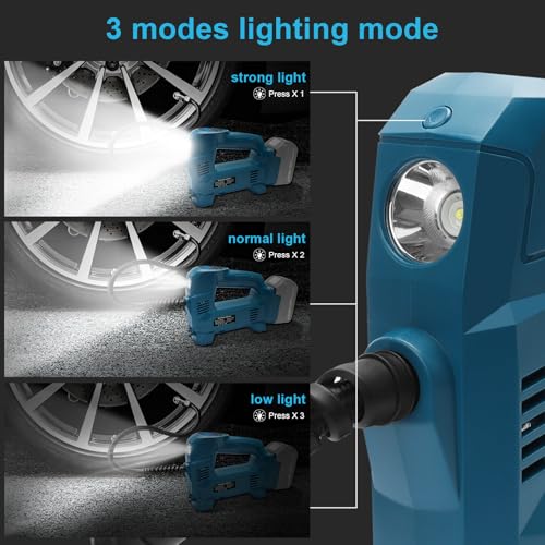 QUPERR Battery Compressor Compatible with Makita 18 V Battery, Electric Air Compressor up to 10.34 Bar with LED Light & Auto Stop, Portable Air Pump for Car, Motorcycle, Bicycle, Balls (without Battery)