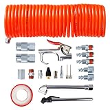PowRyte Works 20-Piece Air Hose Fittings 1/4" NPT Air Compressor Accessory Kit with Blow Gun, Air Chucks, Inflation Needles, 25Ft Air Hose and Iron Fittings