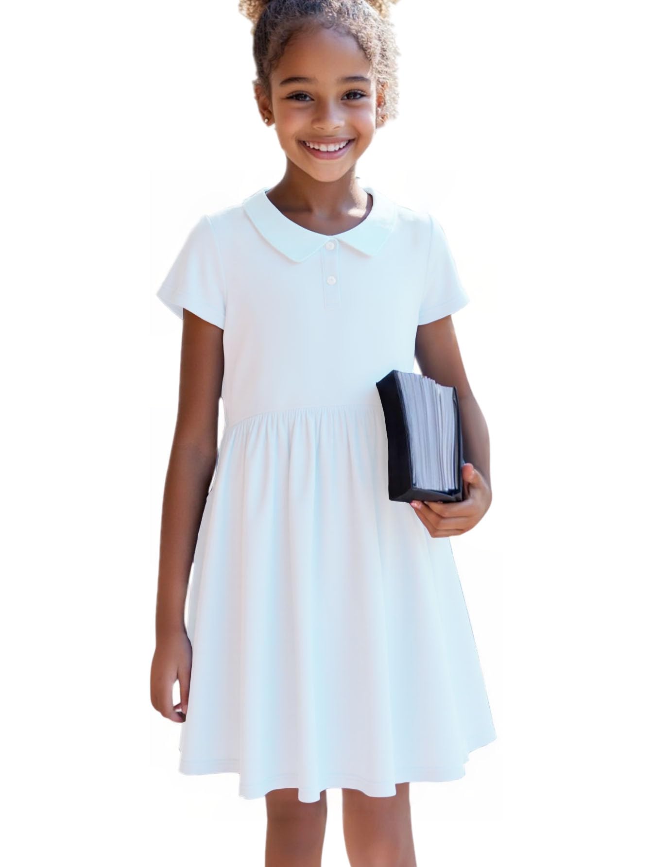 Photo 1 of HILEELANG Little Girl Uniform Polo Dress White Short-Sleeve Cotton Polo Dress 10-12 Yeras