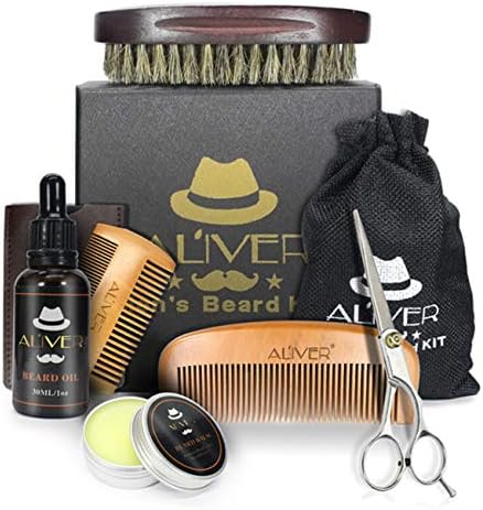 6 in 1 Beard Grooming Kit for Mens Care Unscented Leave-in Conditioner Oil, Mustache & Beard Balm Butter Wax, Beard Brush, Beard Comb, Sharp Scissors Trimmer Care Accessories Set (6 in 1)