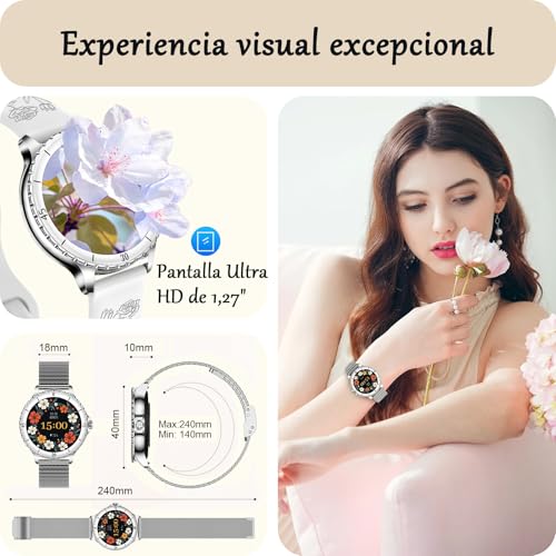Women's Smart Watch with Calls, 1.27" HD Round Smartwatch with Female Function, 120+ Sports Modes, Heart Rate Monitor, SpO2, Sleep Monitor, IP68 Smart Watch for Android iOS, Silver, Women's Gift