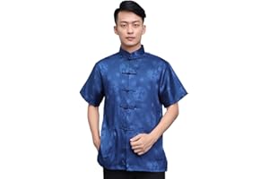 BLINGLAND Chinese Tang Suit Traditional Uniform Short Sleeve Top Kungfu Shirt for Men