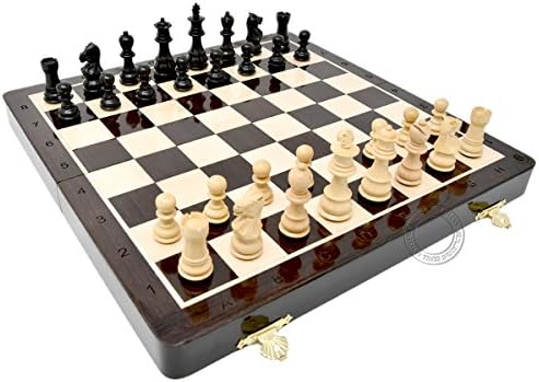 House of Chess - Wooden Folding Chess Set / Board - 14" in Wenge Wood with Galaxy Staunton Chess Pieces in Ebony Wood - King Height - 2.75" - Weighted + 2 Extra Pawns & Queens + Algebraic Notation