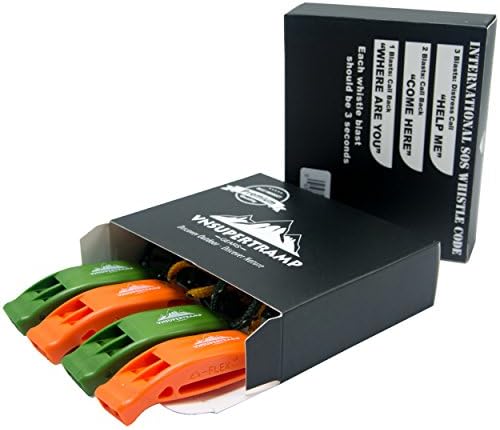 VnSupertramp Emergency Whistle (4 Pack) with Long Lanyard 18 Inches and Large Clip - Premium ABS Plastic Super Loud for Boating Kayaking Camping Hiking with Exclusive Survival E-book Included