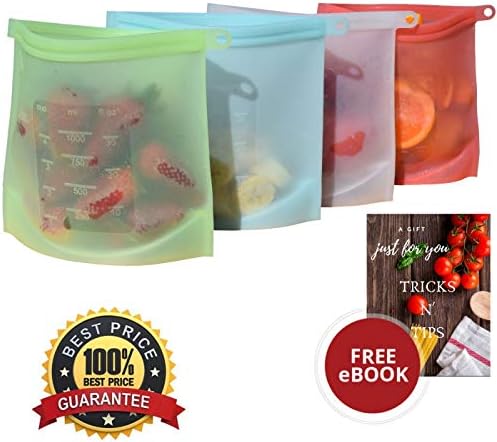 Reusable Food Storage Bags – Pack Of 4 Silicone Produce Bags With Airtight Zip Seal – Sous Vide Cooking Bags For Lunch, Snacks, Vegetables, Sandwiches – Heat Resistant, Freezer & Dishwasher Safe