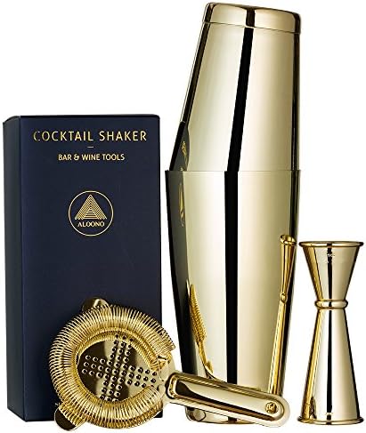 Gold Plated Boston Cocktail Shaker, 4-Piece Set: 18oz &amp; 28oz Weighted Tins, Cocktail Strainer and Double Jigger (0.5oz - 2oz), 18/8 Stainless Steel Cocktail Set with Recipes and Greeting Card